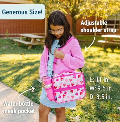 Image of Wildkin Kids ECO rPET Insulated Lunch Box - Keeps Food Hot or Cold, Easy-Clean Lining, Mesh Pockets & BPA-Free - Boys & Girls, Ideal for School, Travel & Daycare - Strawberry
