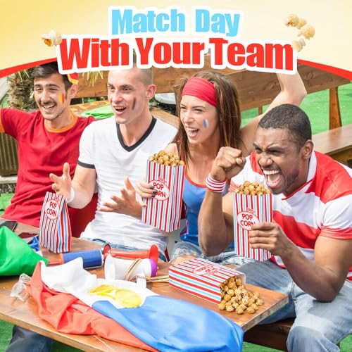 Image of Potchen 200 Pcs Paper Popcorn Bags Bulk 2 oz Large Individual Serving Popcorn Bag Flat Bottom Disposable Container Vintage for Movie Night Themed Summer Back to School Party Carnival (Red Blue)