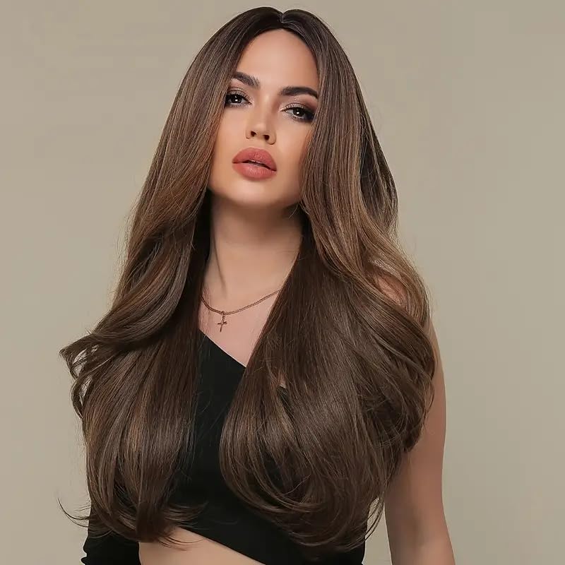 Image of Women's 26 Inch Straight Brown Synthetic Hair Wig | Full Head Natural Looking Heat Resistant Wig | Washable Cosplay, Party & Fashion | Includes Wig Cap & Comb