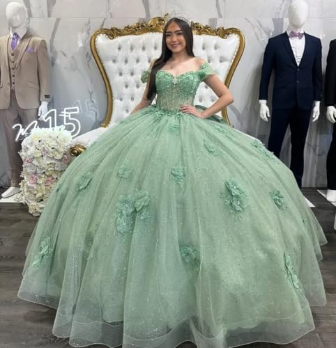 2025 Ball Gown Ruffles Quinceanera Prom Cocktail Dresses Sage Green 3D Floral Flower Pattern Lace3