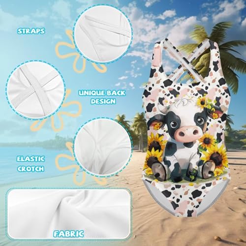 Highland Cattle One Piece Swimsuits Girls Cartoon Bathing Suit Crossback Swimsuit for Kids Hawaii Beachwear 5-143