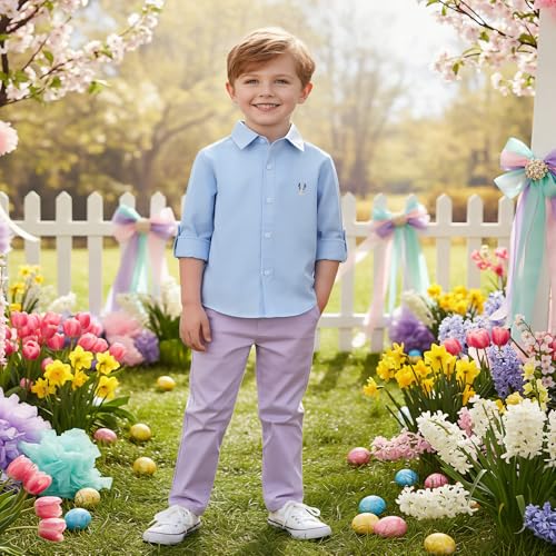 Image of OCHENTA Boys' Long Sleeve Button Down Cute Rabbit Casual Dress Easter Shirt