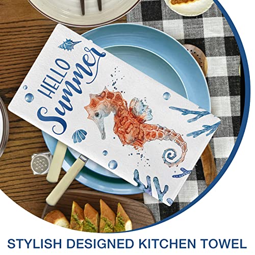 Seliem Hello Summer Sea Horse Starfish Kitchen Dish Towel Set Of 2, Conch Coral Coastal Hand Towel Nautical Drying Baking Cooking Cloth, Take Me To The Ocean Seasonal Home Kitchen Decor 18X26 Inches #TOP4
