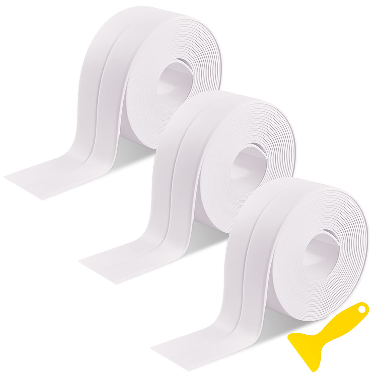 DREETINO Bath Sealant Strip,11ft Self Adhesive Caulk Strip Sealant Tape for Kitchen, Bathroom, Toilet, Wall Corner with Sealing Tool - White (3PCS)