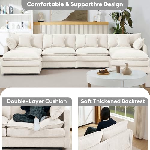 Image of 106.3 inch U Shaped Modular Sectional Sofa, Comfy Upholstery Chenille Cloud Couch with Ottoman, Modern 4-Seat Deep Seat Sofa with Pillow for Living Room, Bedroom, Apartment, Beige White