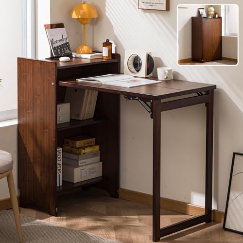 Bamboo Folding Desk for Small Space Mid Century Foldable Computer Desk with Storage Space for Home Office Bedroom, Brown