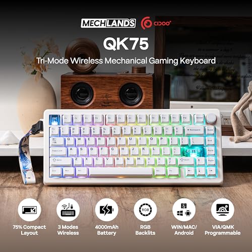 Image of MechLands CIDOO QK75 VIA Programmable 75% Compact Keyboard, USB-C /BT5.0 /2.4Ghz Wireless, Hot Swappable Custom Mechanical Keyboard with Gasket Mounted, PC Plate, 4000mAh Battery for Win /Mac (White)