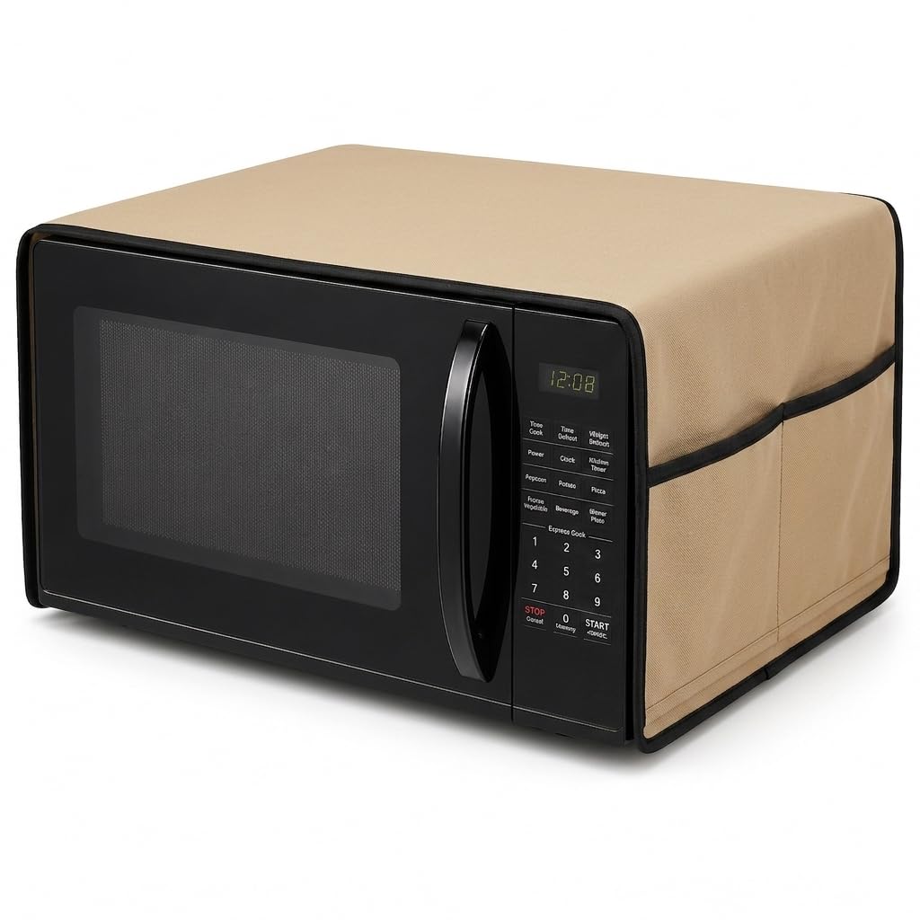 QUNNIX Microwave Oven Top Cover | Waterproof, Dustproof, Modern Design & Kitchen Decor with 4 Side Storage Pockets For Kitchen Accessories | Durable Fabric | (100x35 cm) Beige