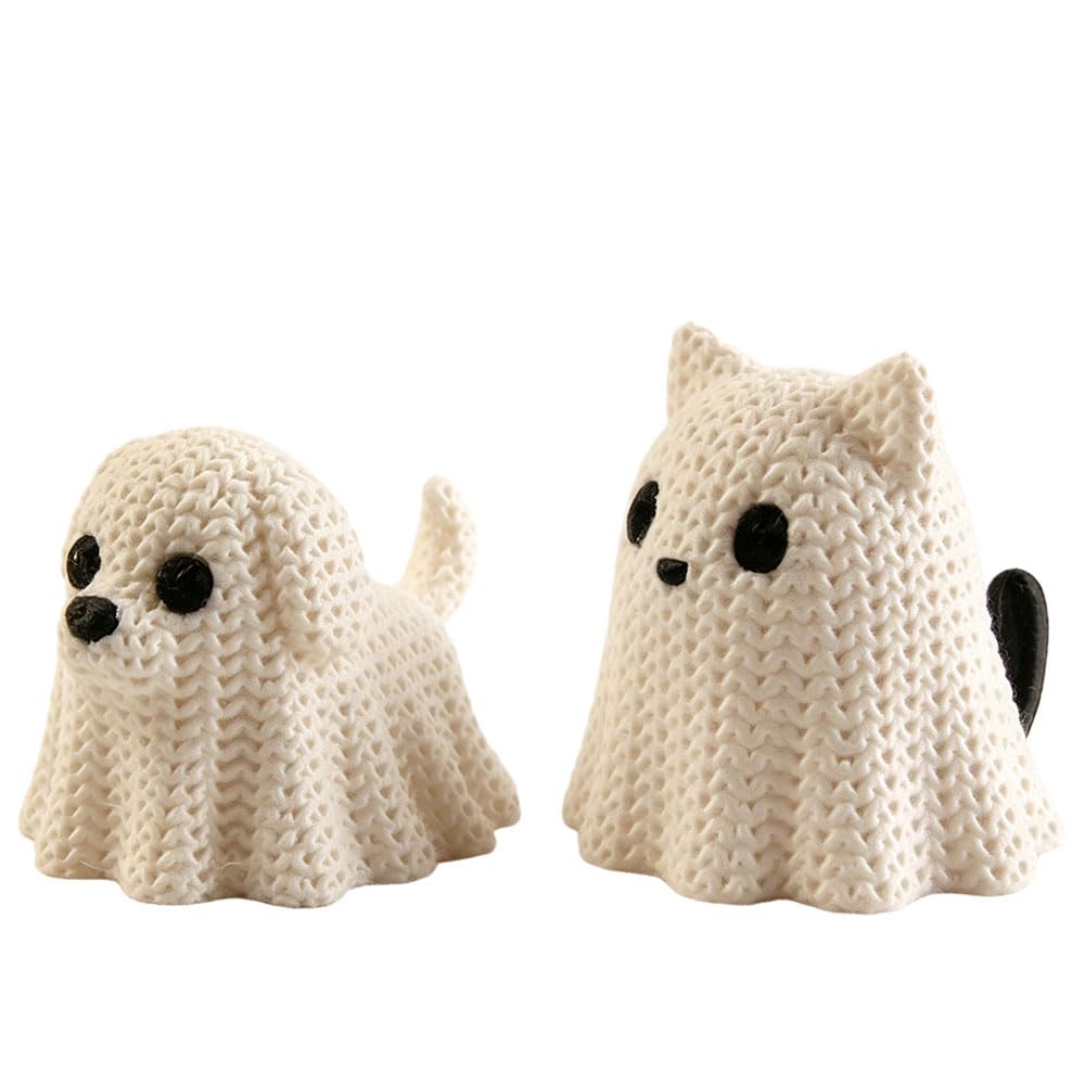 Jehoshaphat 2Pcs Knitted Ghost Dog Figurines, Realistic Canine Craft Ornaments, Multipurpose Indoor, Office and Auto Accents for Animal Enthusiasts and Curated Collectible Displays