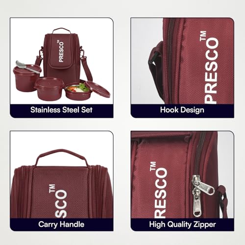 Image of PRESCO Insulated Lunch Box Set (3 Microwave Safe Inner Steel Containers,600 /450 /290ml; with Steel Spoon) with Insulated Fabric Bag, Lunch Box for Office Use, Leak Proof, Tiffin Box for Men