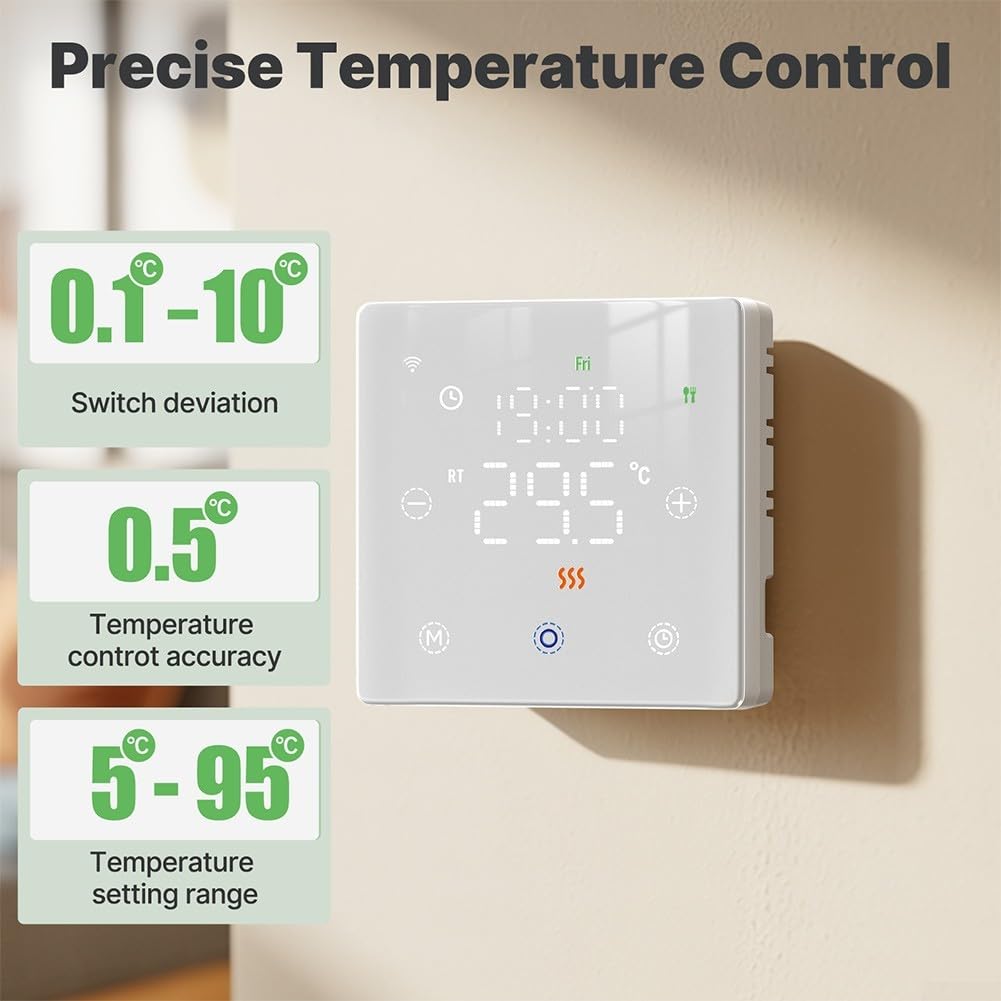 Termostato WiFi que funciona con pilas para caldera de gas o calefacción por suelo, programación semanal programable, aplicación y control de voz (negro)