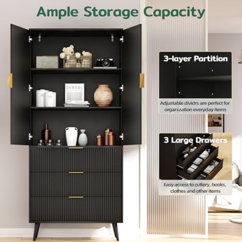 Image of Fluted Tall Cabinet, Kitchen Pantry Cabinet with Adjustable Shelves, Wood Cupboard with 3 Drawers 2 Doors, Mid Century Modern Cabinet for Living Room Dining Room Entryway Office, Black