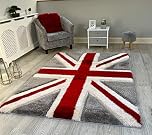 NEW RED WHITE GREY UNION JACK FLAG DESIGN LUXURIOUS THICK PILE RUG MODERN SOFT SILKY CONTEMPORARY SHAGGY RUGS MATS UK (120x170cm)
