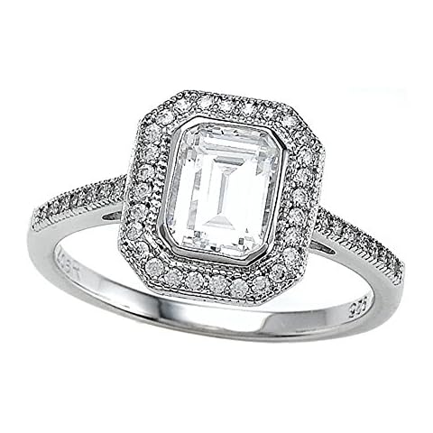 Zoe R Sterling Silver Micro Pave Hand Set Cubic Zirconia Halo Emerald Cut Center Engagement Ring Size 8 Cover