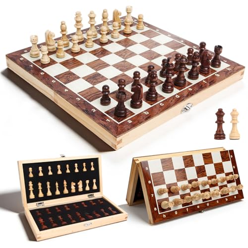 Schachspiel Holz für Erwachsene, OOCOME Tragbares Schachbrett Faltbares magnetisches Schach Brettspiel für Kinder Anfänger Reisen Schachfigurenset mit tragbarem Aufbewahrungsbrett