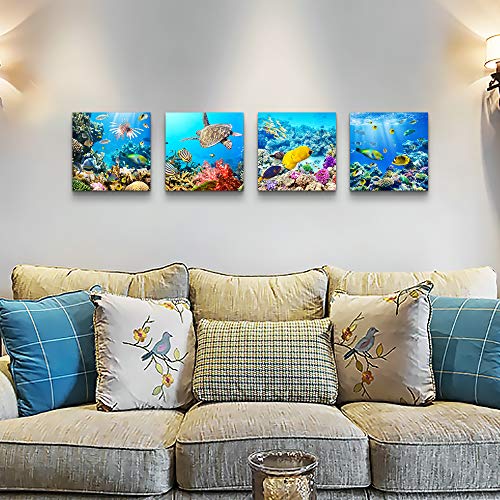 Canvas Wall Art for Living Room- family Bedroom Canvas Pictures Artwork Bathroom Wall Decor- 4 Panels Coral and Sea Fish and Turtles Ocean Theme Stretched and Framed Ready to Hang Modern Home Decor - Image 2