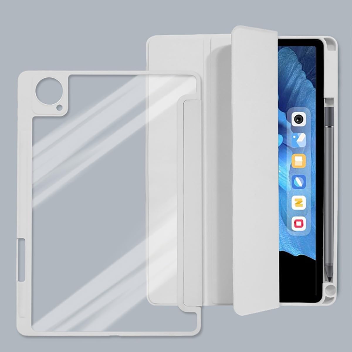 Tri-Fold Smart Tablet Case for VIVO Pad Air 11.5inch,with Pencil Holder, Clear Transparent Back Shell Slim Stand Shockproof TPU Cover, Auto Wake/Sleep(Grey)