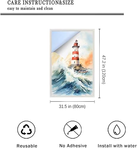 Miniatura 44 de Lámina abstracta retro de acuarela para ventana de vidrio con diseño de faro, diseño náutico, para privacidad en el océano, no adhesiva, para baño