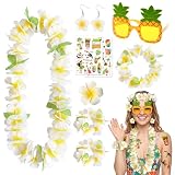 Grantop 9 Teiliges Hawaii Blumenkranz Set, Hawaii Kette Blumen Deko mit Halsketten Stirnband Armbänder Sonnenbrille, Hawaii Outfit Damen Zubehör, Für Sommer Fasching Outfit Luau Party