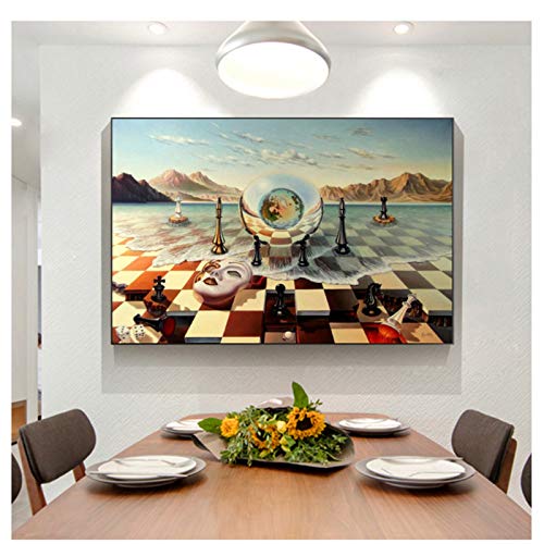Jiankun Salvador Dali Surrealism Chess Mask On Sea Canvas Prints Painting On Wall Art Abstract Weird Picture Decor -24X36 Inch No Frame #TOP3