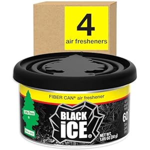 LITTLE TREES Car Air Freshener. Fiber Can Provides a Long-Lasting Scent for Auto or Home. Adjustable Lid for Desired Strength. Black Ice, 4 Air Fresheners , 1.05 Ounce (Pack of 4)