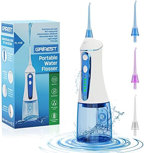 Water Dental Flosser for Teeth Cleaning,Grinest 7 Levels Cordless Powerful Battery Water Teeth Cleaner Pick Care Portable Rechargeable Dental Oral Irrigator IPX7 Waterproof for Home Travel