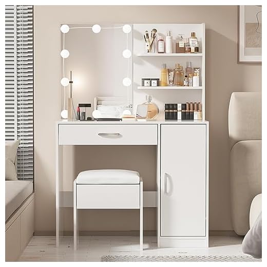 Makeup Vanity with Lights, Vanity Desk with Mirror and Lights Set, Large Drawer and Two-Tier Lots Storage Cabinet Dresser, 3 Lighting Modes Adjustable Brightness, Makeup Table for Bedroom, White