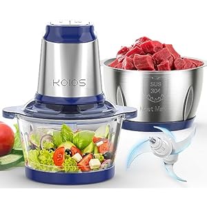 KOIOS 500W Powerful Electric Food Processor with 8 Cup Stainless Steel & Glass Bowls, 2 Speed Mode Electric Food Chopper with 2 Sets Blades Electric Meat Grinder Chopper for Family & Baby Use