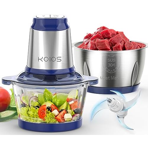 KOIOS 500W Powerful Electric Food Processor with 8 Cup Stainless Steel & Glass Bowls, 2 Speed Mode Electric Food Chopper with 2 Sets Blades Electric Meat Grinder Chopper for Family & Baby Use