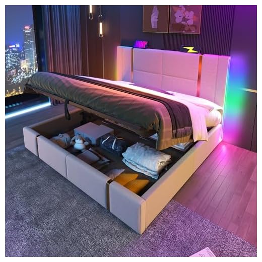 Lit 180x200 avec Sommier LED et USB et APP Control, Lit Coffre 180x200 avec Rangement et Tete de Lit, Lit Double avec à Lattes Lit 2 Personnes, Lit Capitonné Cadre de Lit 180x200(sans Matelas)