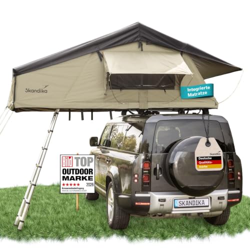Skandika Dachzelt Freeland 240 x 140 | Autodachzelt für 2 Personen, Softcover Autozelt mit Leiter, wasserfest 3000 mm, Eingang und Fenster mit Moskitonetz, Dachfenster | Auto Zelt für PKW, Bus