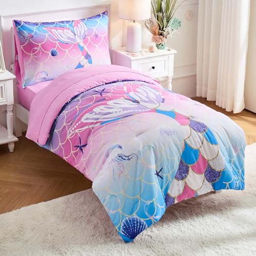 Image of VIVILINEN Mermaid Tail Toddler Bedding Set for Girls, 4 Piece Glitter Toddler Bed Sheets with Boho Toddler Comforter, Fitted Sheet, Flat Sheet and Pillowcase, Pink Blue
