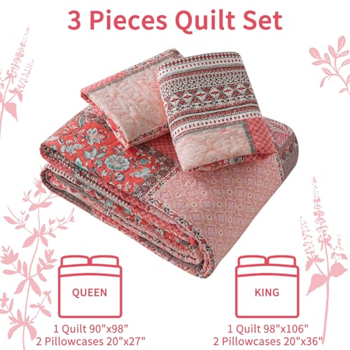 VAPUTAR Cotton Quilts Queen Size, Pink Farmhouse Bedspreads Queen Size (90 * 98 in) - 3 Pieces Lightweight Patchwork Floral Queen Quilt Bedding Set, Queen Coverlet Set Suitable for All Season