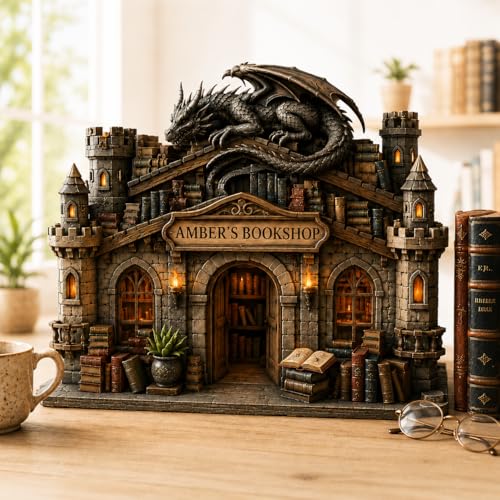 Personalized Dragon Bookshop Wooden Block, Fantasy Book Nook Bookshelf Decor, Miniature Literary Library Display, Reading Nook Gift for Book Lovers, Readers, Teachers and Librarians