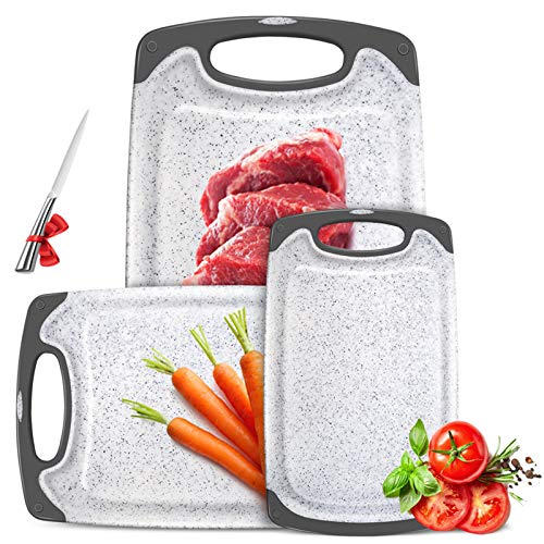 AONE Cutting Boards for Kitchen, 4 Piece, BPA Free, Plastic Cutting Board with Juice Groove and Non-Slip Feet, Dishwasher Safe, Non Porous, Portable Handle, Gray