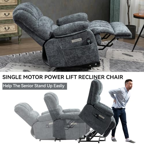 Image of Extra Large Power Lift Recliner Chair with Massage, Lumbar Heat, and USB Charging - Ideal for Enhanced Comfort and Mobility (42 x) (Blue-Gray + Chenille + Fiber Foam and Polyester Fiber Pad)