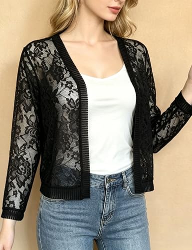 Image of FindThy Women's Casual Summer Lace Cardigan Open Front 3 /4 Sleeve Solid Lace Shrug Cover Up