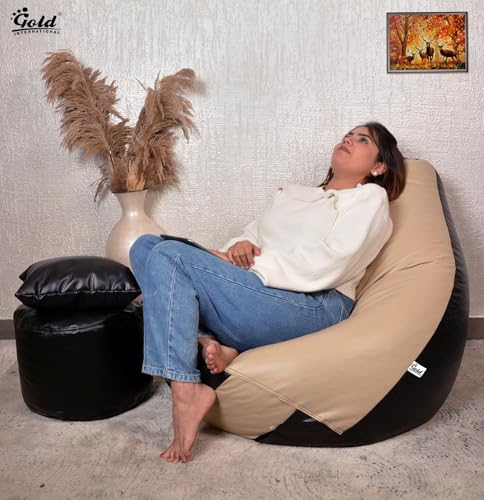 Image of Gold 4XL Bean Bag Combo with Footstool & Cushion | Faux Leather Teardrop Bean Bag for Adults & Teens | Pre-Filled with Beans | Home, Bedroom, Living Room, Office (4XL - Beige & Black)