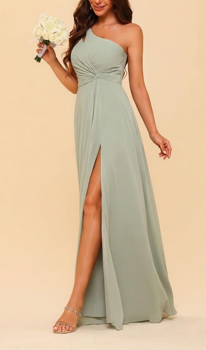 Vestido de dama de honor con un hombro descubierto, sin mangas, largo de gasa, formal, vestido de fiesta de boda