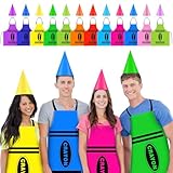 Bensbl 12Pcs Color Crayon Apron and Funny Gnome Cone Hats Set Crayon Costume for Adults Group Family Women Men Fancy Dress Outfit Cosplay