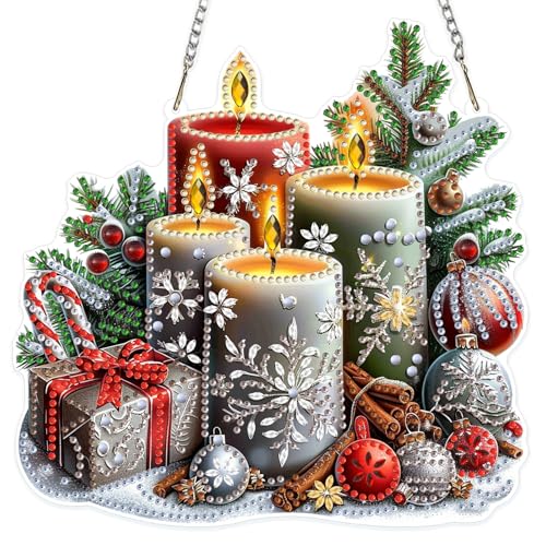 MOGTAA Weihnachten Diamond Painting Anhänger Weihnachten Kerzen Diamond Painting mit Kette Kinder Erwachsene Diamant Painting Fensterbilder Hängende Ornament Bastelset Set für Wand Decor