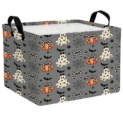 Image of Halloween Basket Gift Cute Pumpkin Ghost Parties Decor Kid Trick or Treat Basket for Boys and Girls Rectangular Storage Bin Box (Black and White Checkered Bow Bat)