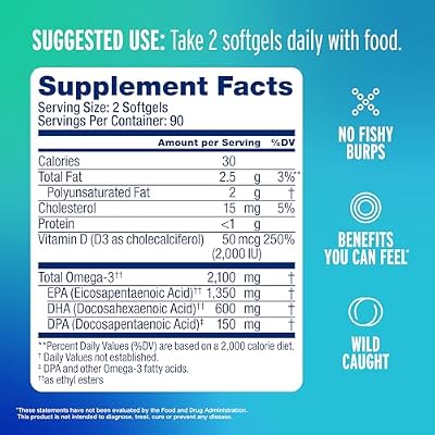 Oceanblue Professional Fish Oil with Vitamin D3 | Triple Strength 2100mg Omega-3 DPA EPA DHA | Wild Caught | Burpless Orange Flavor | 180 Softgel Capsules