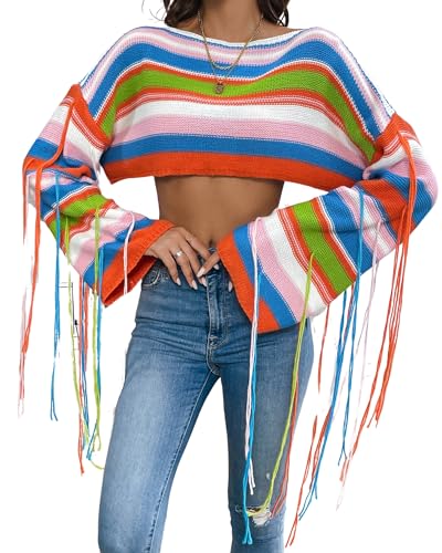 Image of BAIMORE Women's Chic Crochet Boat Neck Rainbow Striped Long Sleeve Crop Sweater with Tassels