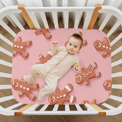 Image of Christmas Gingerbread Pinks Cute Crib Sheets Soft Breathable Fitted Baby Crib Sheets Mattress Cover for Girls Boys, 52 inch x 28 inch x 9 inch