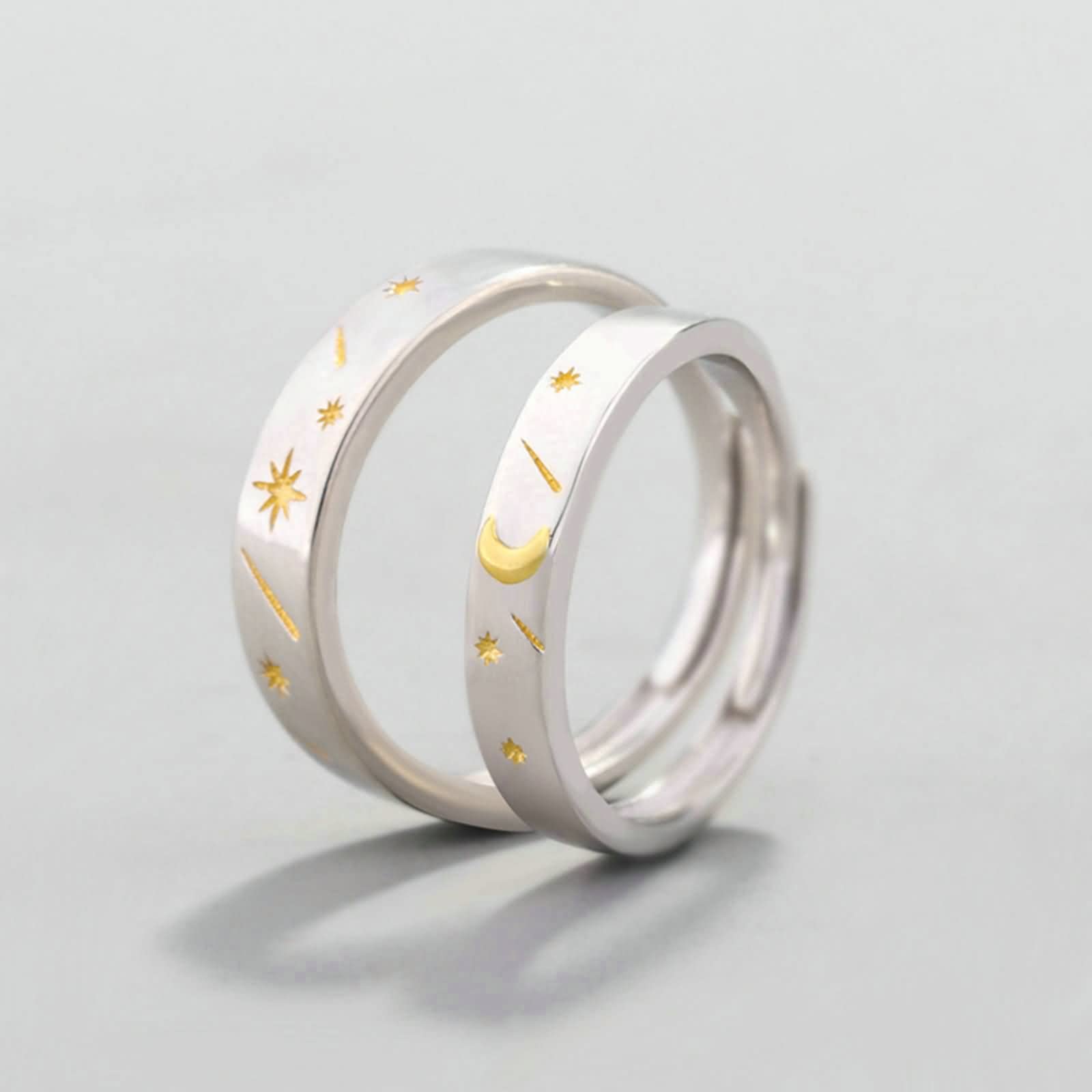 Anillos a juego con luna y sol, alianzas de boda de plata de ley 925 para amantes de las joyas ajustables, Sin piedras preciosas