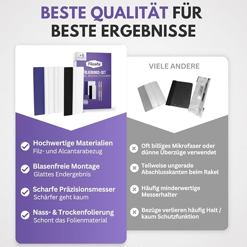 Filzada® Rakel für Folie XXL Satz - Profi Folierungs Werkzeug Set - Rakel Set für Folierung mit Filzkante/Filzrakel - Rakelset zum Folieren - Folienrakel