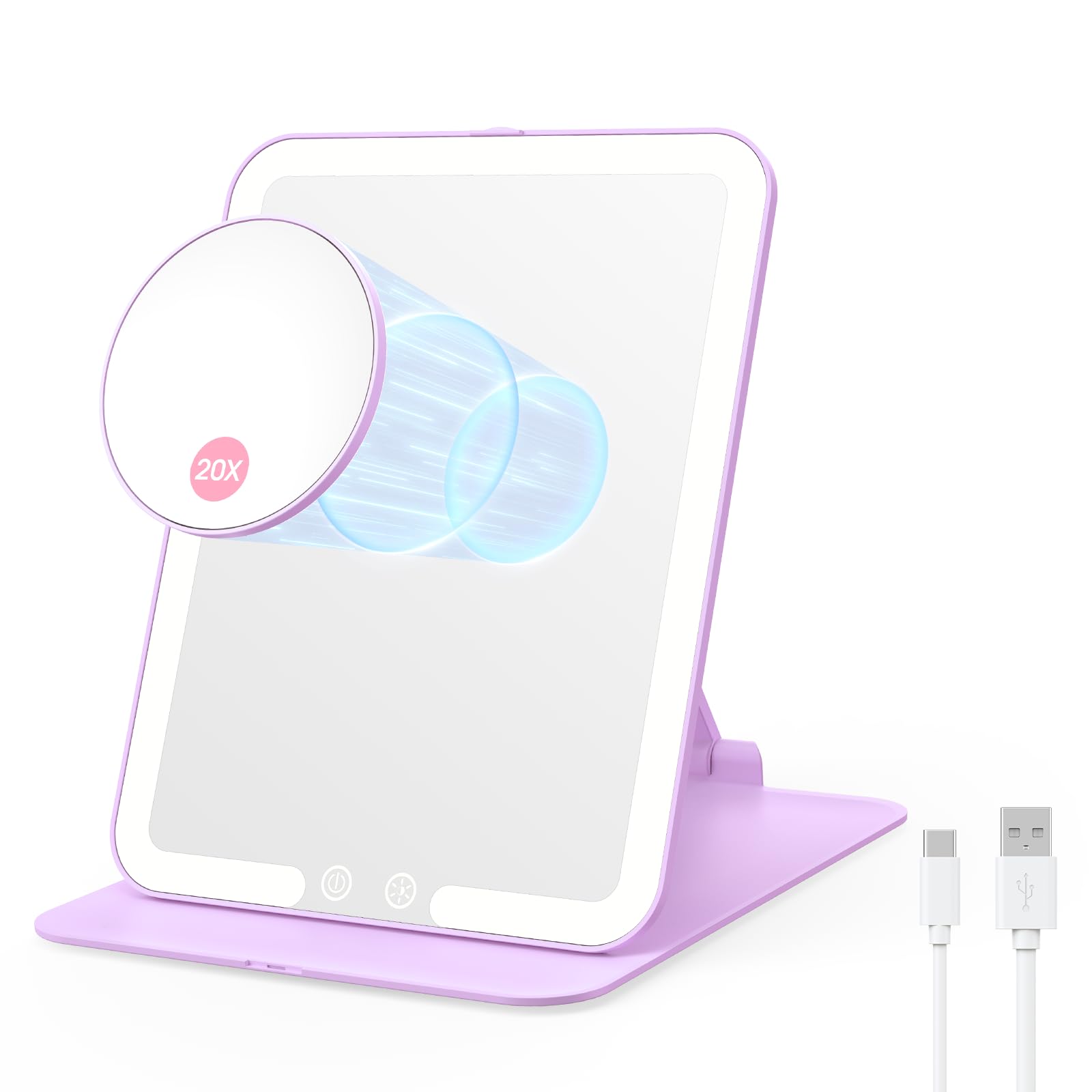 Benbilry Foldable Travel Makeup Mirror with Lights and 20X Magnification, Rechargeable Tabletop LED Vanity Mirror with Adjustable Stand, 3-Colored