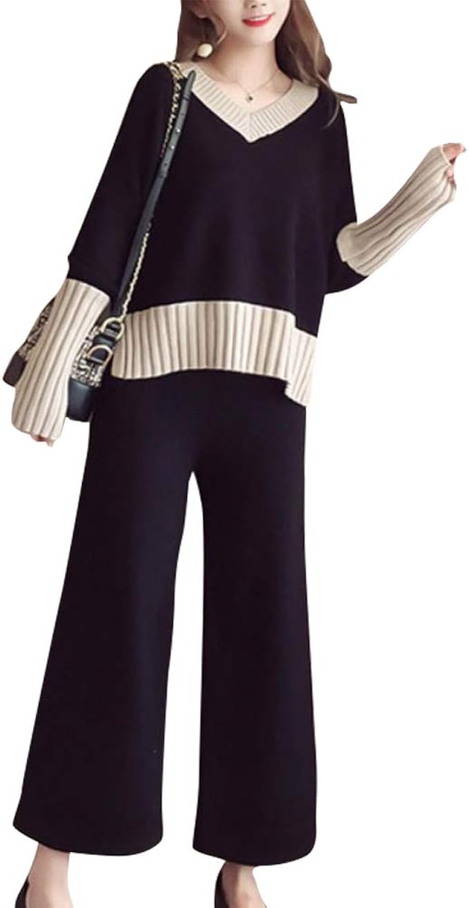 Amazon Co Jp ニットセットアップ ニットセーター ニットパンツ ワイトパンツ 上下セット 2点セット セットアップ 着痩せ Vネック おしゃれ ゆったり 冬 春 レディース トップス 九分丈パンツ カジュアル 通勤 フリーサイズ ブラック 服 ファッション小物