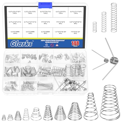 Glarks 148 juegos de resorte cónico de torre de 0,3/0,4/0,5/0,7/0,8/1,5 mm, 3 resortes de retorno de presión cónica de 15 dimensiones, resorte pequeño de compresión cónica doméstico